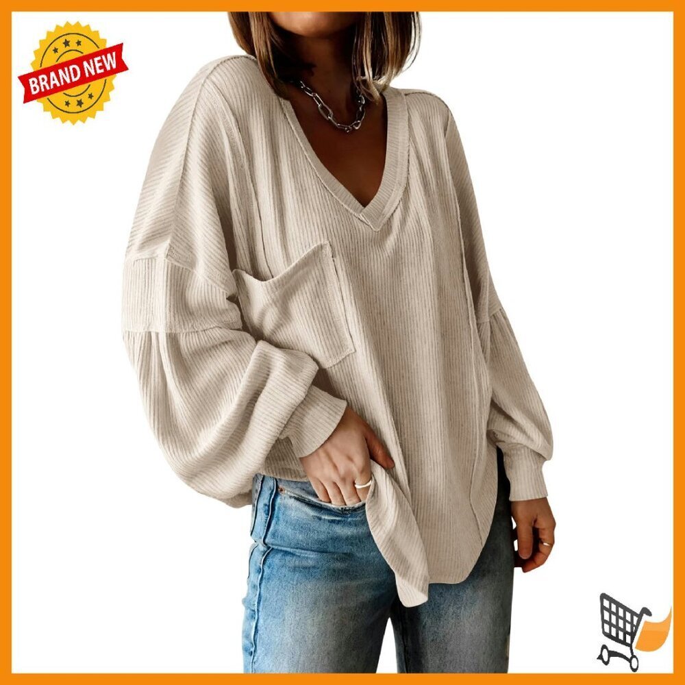 Long Sleeve V Neck Ribbed Knit Blouse Loose Fit Tunic Top
